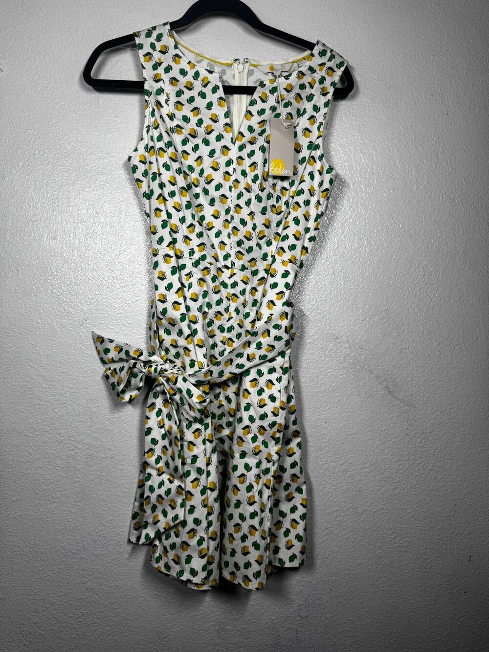 Boden Mischa Lemon Mini Dress Yellow White Green Sz 6P Waist Tie